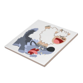 Cute Playful Cartoon Sheep and Wolf Tile Tegeltje