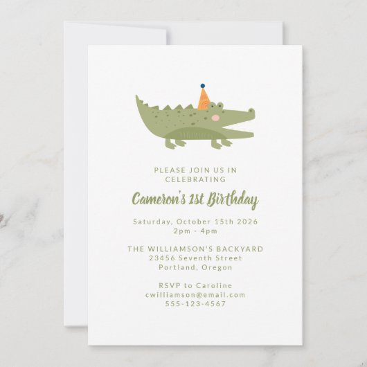 Cute Playful Green Crocodile 1st Birthday Kaart (Voorkant)