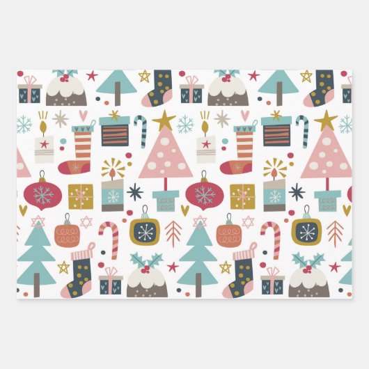 Cute Playful Kerstthema Red en Blue Pattern Inpakpapier Vel (Voorkant)