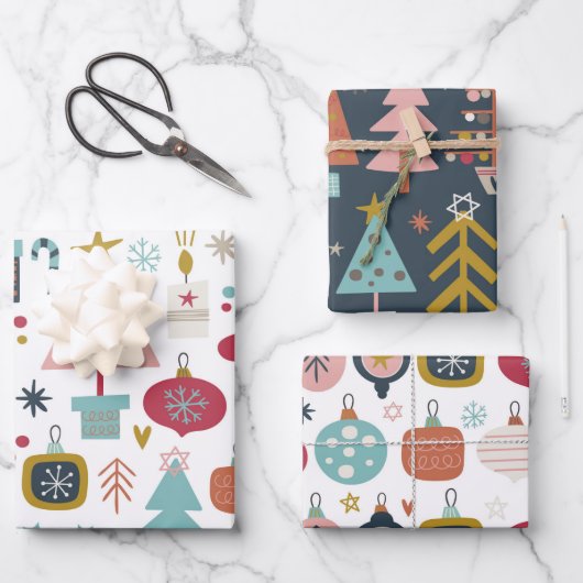 Cute Playful Kerstthema Red en Blue Pattern Inpakpapier Vel (Voorkant)