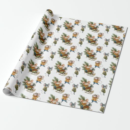 Cute Playful Mice Kerstmis Pattern Cadeaupapier (Uitgerold)