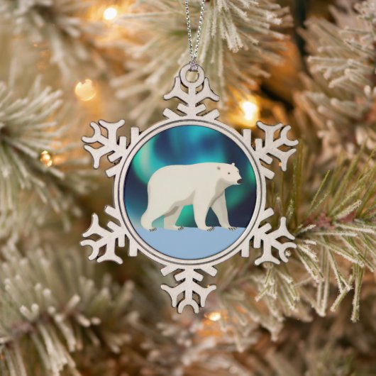 Cute Polar Bear and Northern Lights Tin Sneeuwvlok Ornament (Boom)