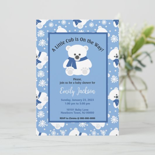Cute Polar Bear and Snowflakes Baby Shower Kaart (Staand voorkant)