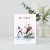 Cute polar bear build a snowman, Christmas  Briefkaart (Staand voorkant)