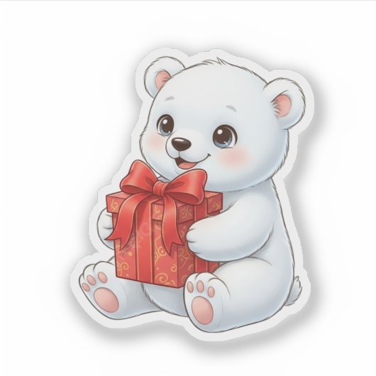 Cute Polar Bear Holding Christmas Present  Sticker (Voorkant)