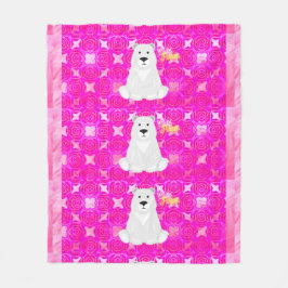Cute Polar Bear Pink Floral Fleece Blanket Deken