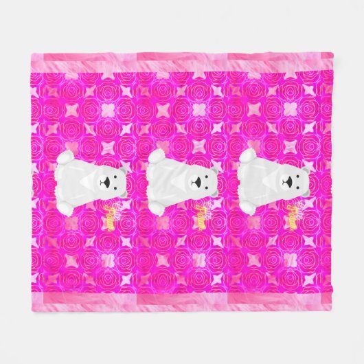 Cute Polar Bear Pink Floral Fleece Blanket Deken (Voorkant (Horizontaal))