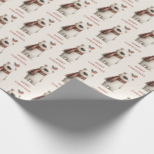Cute Polar Bear Robin Pattern Merry Christmas Cadeaupapier (Hoek)