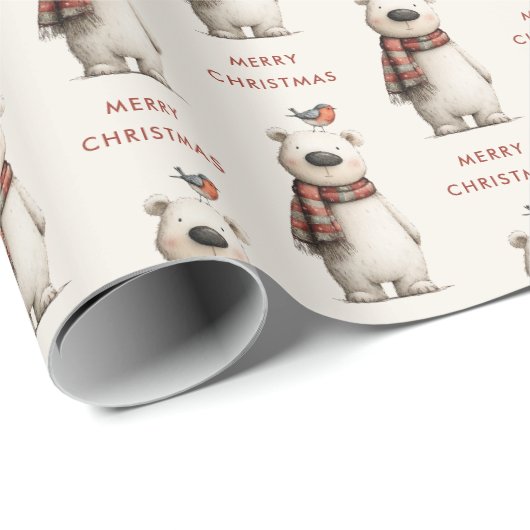 Cute Polar Bear Robin Pattern Merry Christmas Cadeaupapier (Rol Hoek)