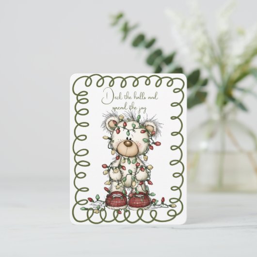 Cute Polar Bear Tangled In Christmas Lights Feestdagenkaart (Staand voorkant)