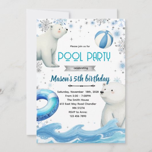Cute polar bear winter pool theme invite kaart (Voorkant)