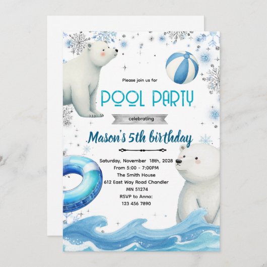 Cute polar bear winter pool theme invite kaart (Voorkant / Achterkant)