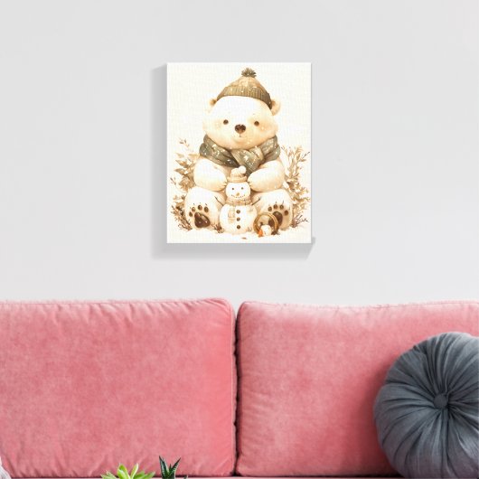 Cute Polar Bear With Snowman Canvas Nursery Decor (Insitu (Woonkamer))