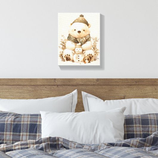 Cute Polar Bear With Snowman Canvas Nursery Decor (Insitu (Slaapkamer))