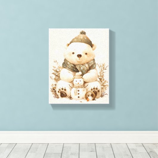 Cute Polar Bear With Snowman Canvas Nursery Decor (Insitu (Houten vloer))