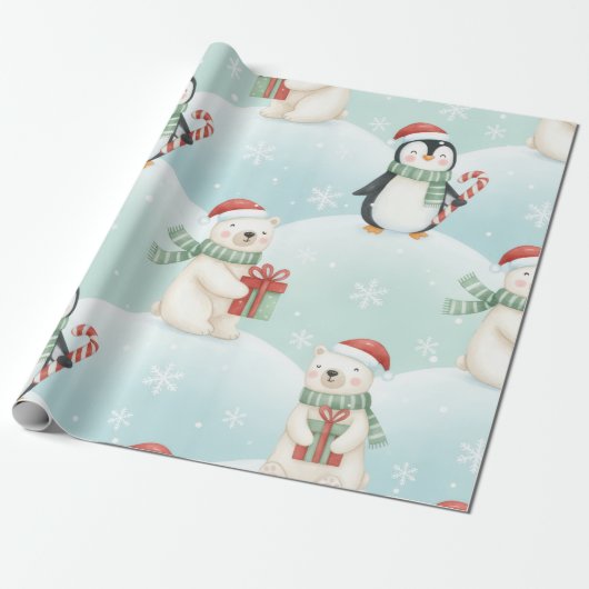 Cute Polar Bears & Penguins Christmas Pattern  Cadeaupapier (Uitgerold)