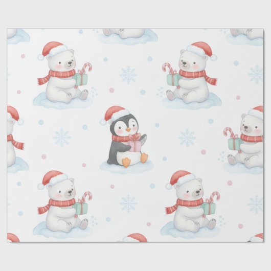 Cute Polar Bears Penguins Christmas Wrapping Paper Cadeaupapier (Vlak)