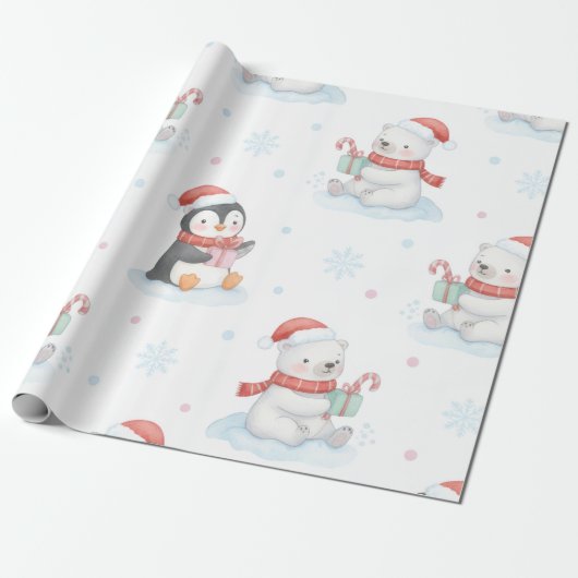 Cute Polar Bears Penguins Christmas Wrapping Paper Cadeaupapier (Uitgerold)
