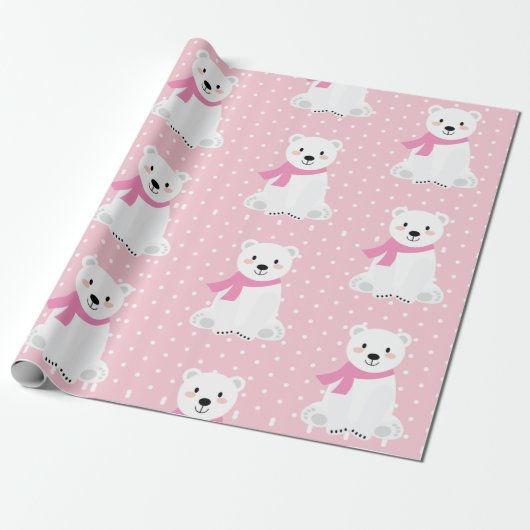 Cute Polar Beer Baby Girl Roze Cadeaupapier (Uitgerold)