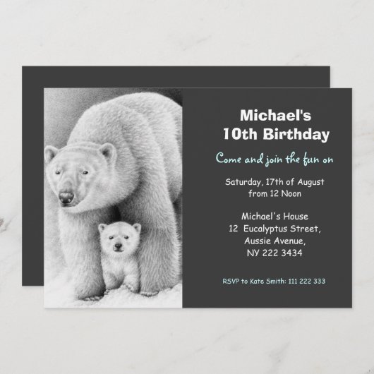 Cute Polar Beer & Cub Birthday Party Invitation Kaart (Voorkant / Achterkant)