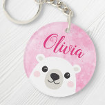 Cute polar beer douanenaam roze sleutelhanger<br><div class="desc">Sleutelhanger met een schattig klein polair beer op een roze achtergrond en aanpasbare naam hierboven.</div>