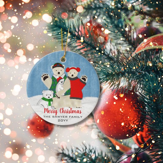 Cute Polar Beer Family Waving Merry Kerstmis Keramisch Ornament