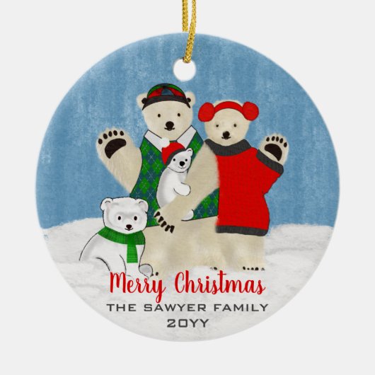 Cute Polar Beer Family Waving Merry Kerstmis Keramisch Ornament (Voorkant)