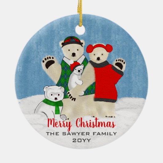 Cute Polar Beer Family Waving Merry Kerstmis Keramisch Ornament (Achterkant)