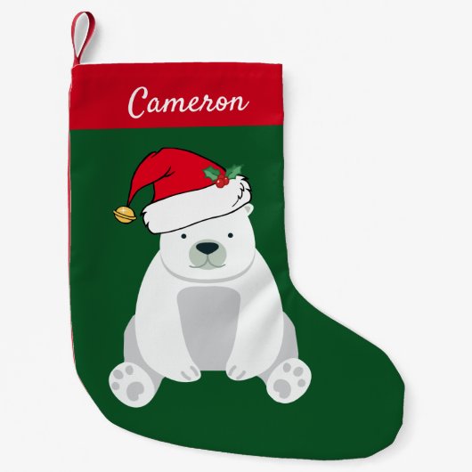 Cute Polar Beer in Santa Hat Monogram Kinder Kleine Kerstsok (Voorkant)