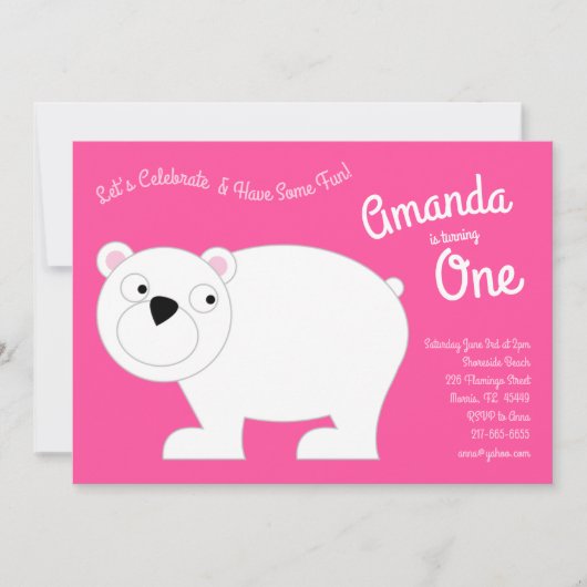Cute Polar Beer Kinder 1e verjaardag Pink Kaart (Voorkant)