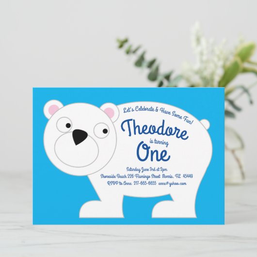Cute Polar Beer Kinder 1e verjaardag Uitnodiging (Staand voorkant)