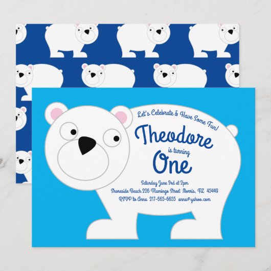 Cute Polar Beer Kinder 1e verjaardag Uitnodiging (Voorkant / Achterkant)
