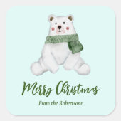 Cute Polar Beer met Green Scarf Merry Kerstmis Vierkante Sticker (Voorkant)