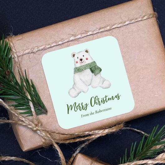 Cute Polar Beer met Green Scarf Merry Kerstmis Vierkante Sticker