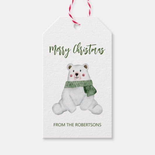 Cute Polar Beer met groene kerst Cadeaulabel (Voorkant)