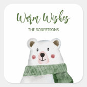 Cute Polar Beer met groene kerst Vierkante Sticker (Voorkant)