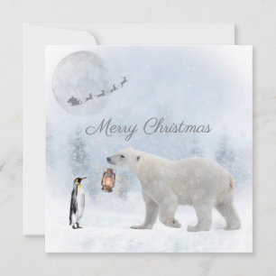 Cute Polar Beer Penguin Santa Winter Kerstmis Feestdagenkaart