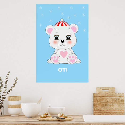 Cute Polar Beer & Snowflakes op Columbia Blue Poster (Keuken)