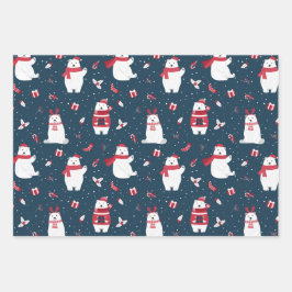 Cute Polar-Beren in drie blauw kerstpatronen Inpakpapier Vel