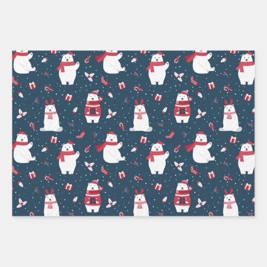 Cute Polar-Beren in drie blauw kerstpatronen Inpakpapier Vel (Voorkant)