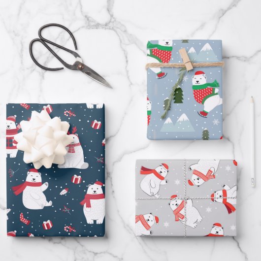 Cute Polar-Beren in drie blauw kerstpatronen Inpakpapier Vel (Voorkant)