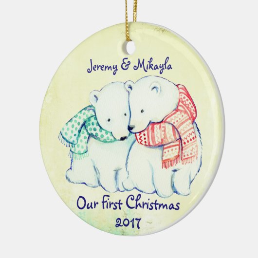 Cute Polar Beren in Scarves "Our First Kerstmis" Keramisch Ornament (Links)