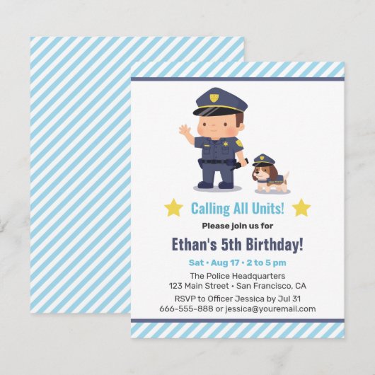Cute Police Boy and Dog Birthday Party Kaart (Voorkant / Achterkant)