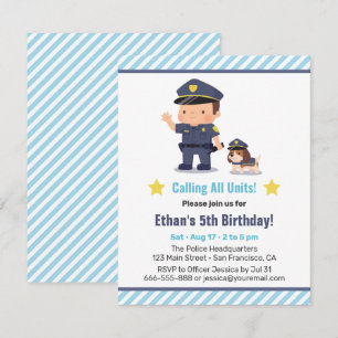 Cute Police Boy and Dog Birthday Party Kaart