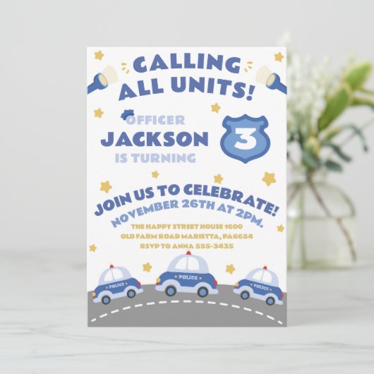 Cute Police Invitation for Birthday Officer Patrol Kaart (Staand voorkant)