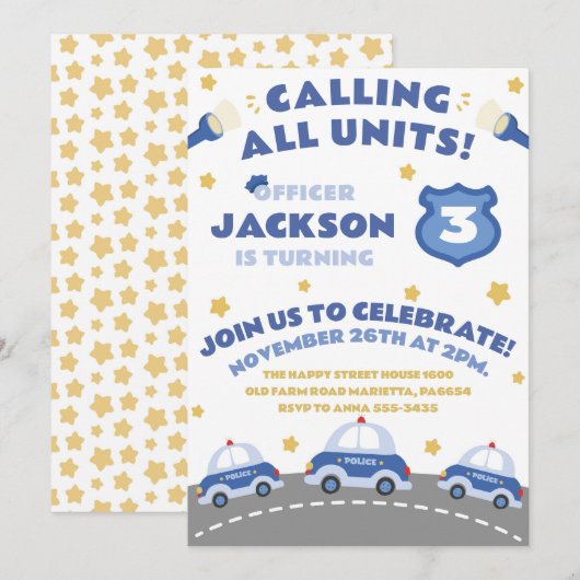 Cute Police Invitation for Birthday Officer Patrol Kaart (Voorkant / Achterkant)