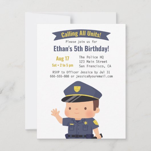Cute Police Officer Boy Birthday Party Kaart (Voorkant)