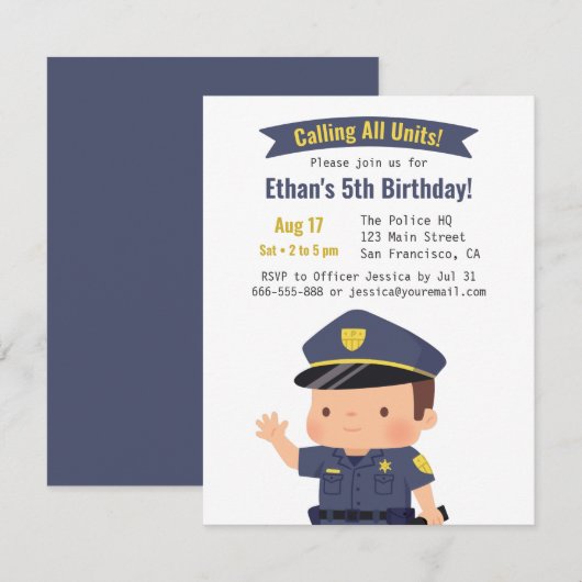 Cute Police Officer Boy Birthday Party Kaart (Voorkant / Achterkant)