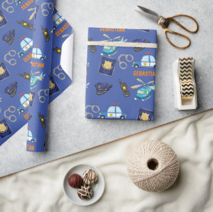 Cute Police Officer en Car Birthday Party Cadeaupapier