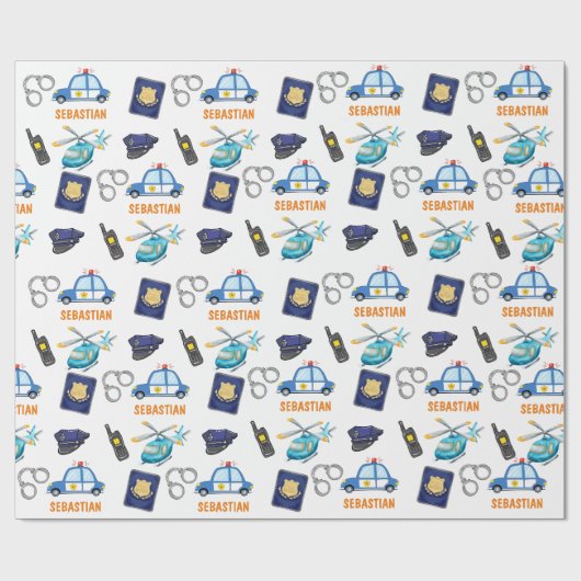 Cute Police Officer en Car Birthday Party Cadeaupapier (Vlak)